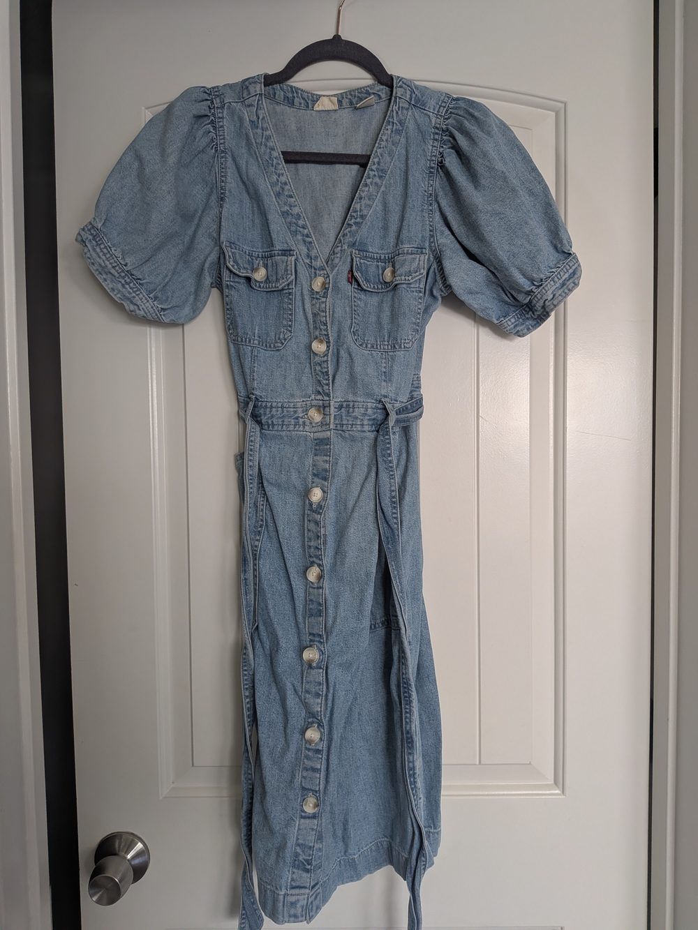 Levi's Light Blue Denim Midi Dress with Puff Sleeves